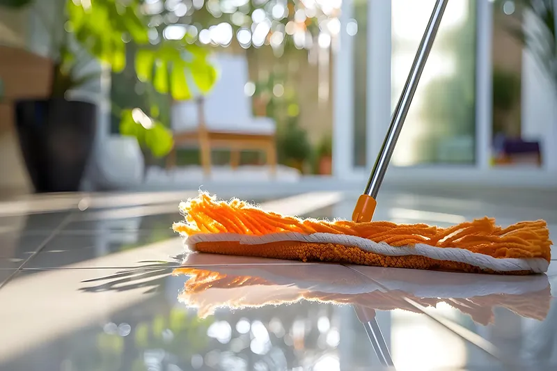 Ein Mop auf einem Fliesenboden, mit einem Handtuch darauf gelegt.
