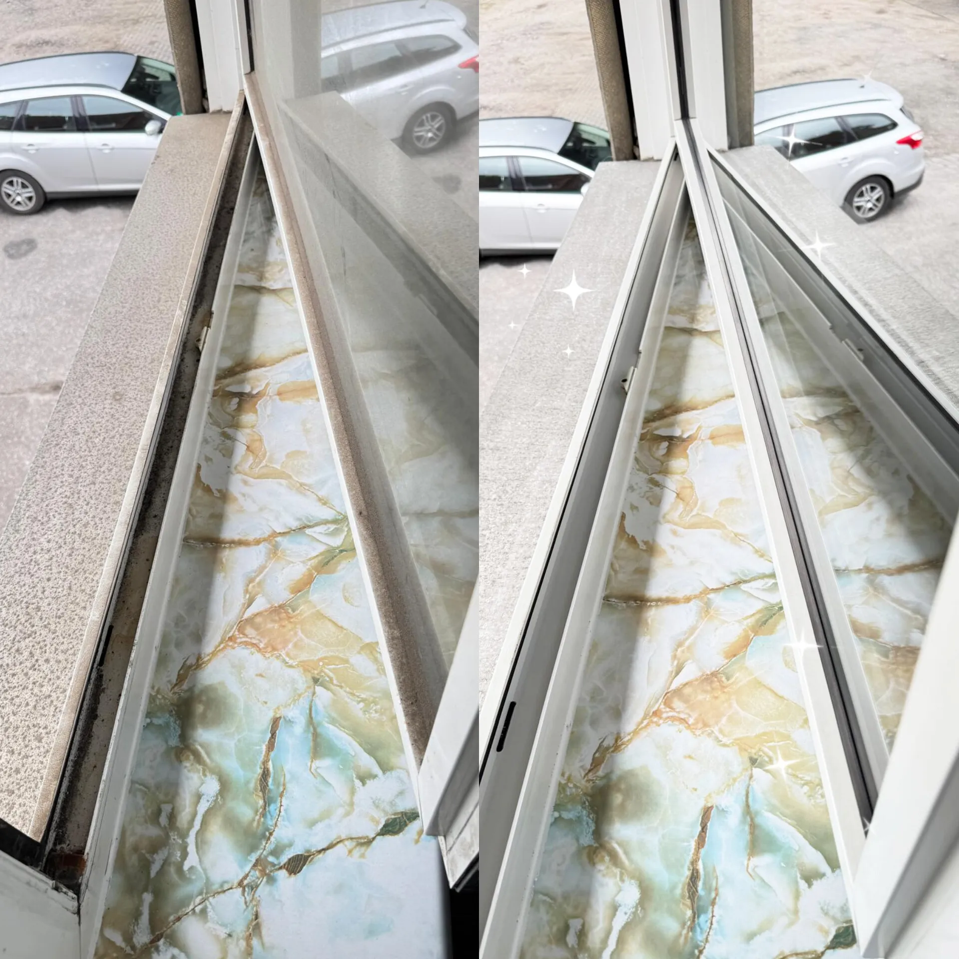 Ein Fenster mit einem Marmorboden und einer Fensterbank, die den Raum elegant ergänzt.