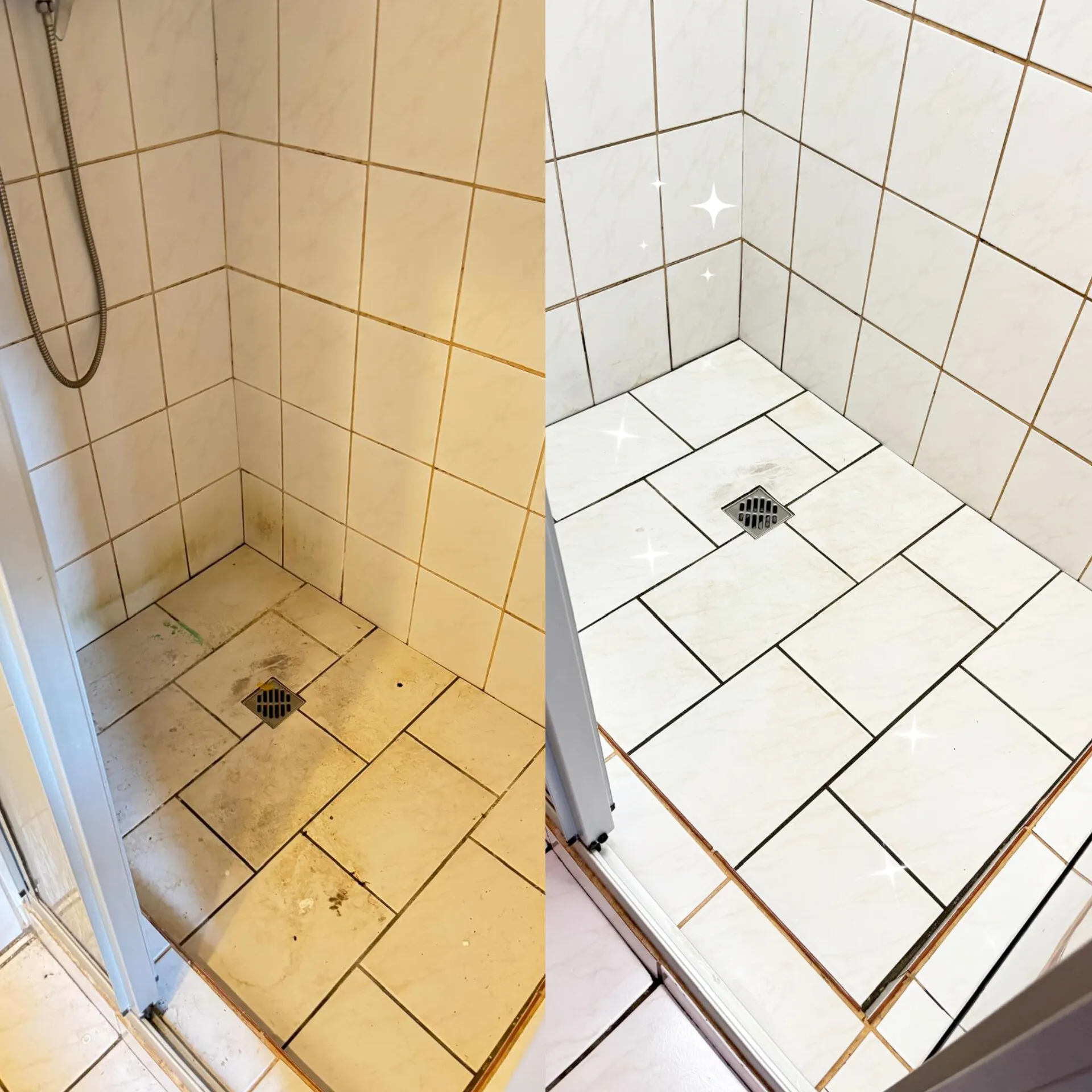 Vorher-Nachher-Bild eines Duschbereichs, das die gründliche Reinigung und den frischen Zustand zeigt